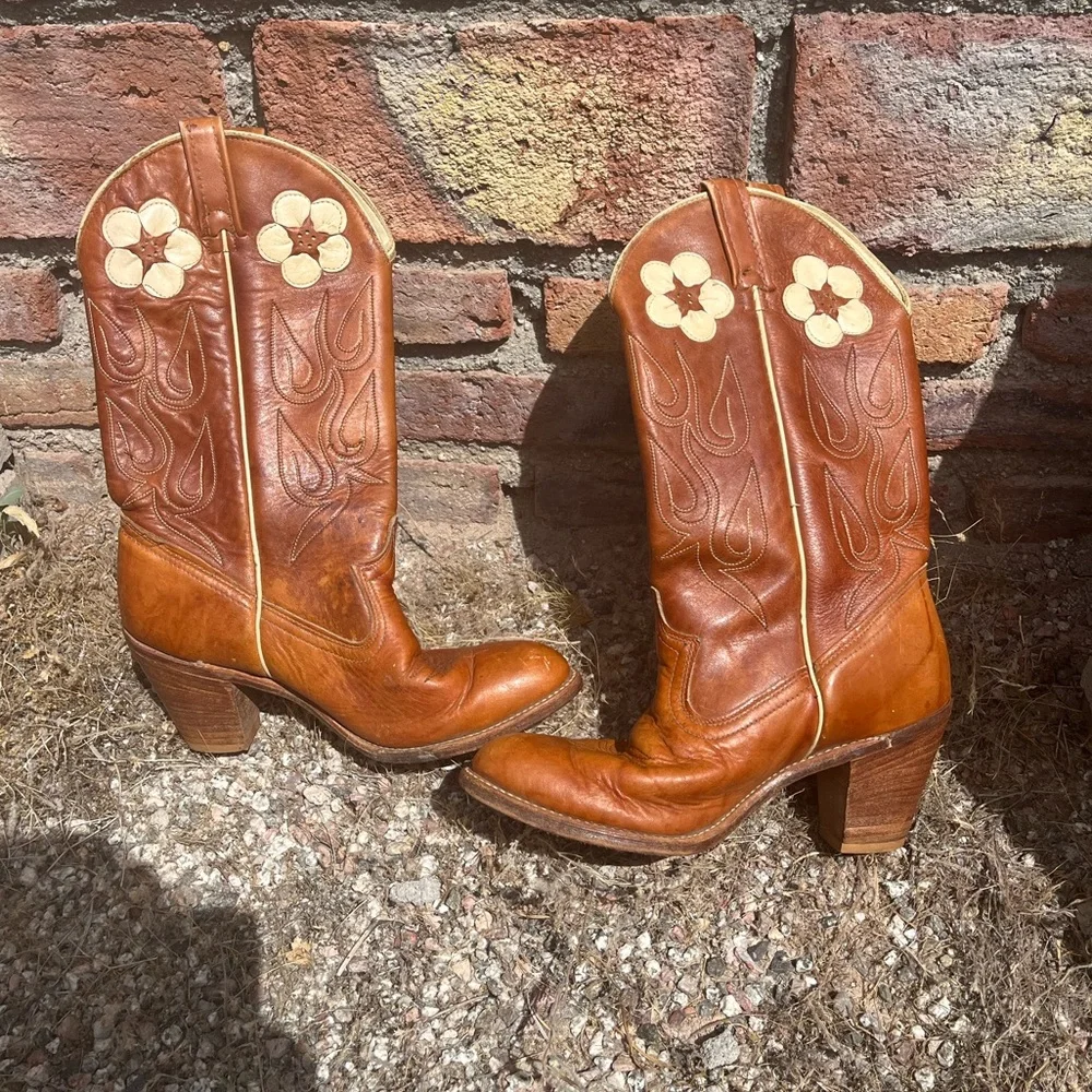 Vintage 1970s Acme Hibiscus Floral Cowboy Boots Size 8 Western Cowgirl Boots - Picture 8 of 14